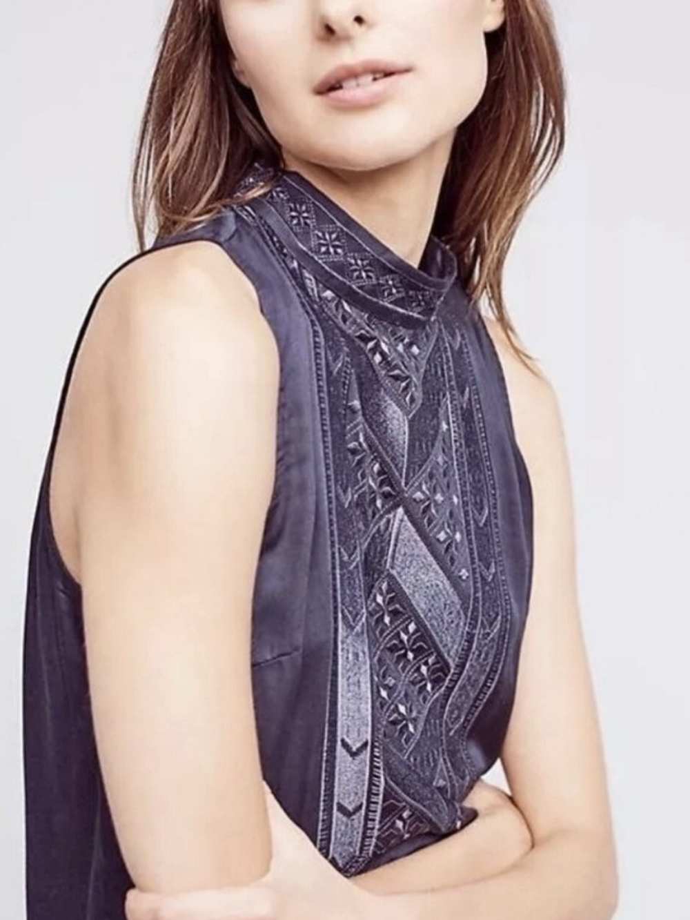 Anthropologie Les Siennes Embroidered High-Neck Sleeveless Top in Slate